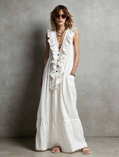 Women's Casual White Cotton-Linen Maxi Dress ¡ª V-Neck, Ruffled, Sleeveless MDZ2418D0LXY