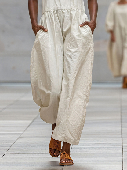 Women's Off-White Cotton-Blend Wide-Leg Jumpsuit With Square Neck & Pockets, Timeless Minimalist Loungewear MDZ2509D1LYL