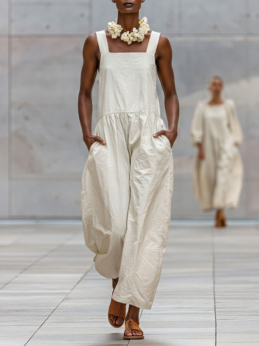 Women's Off-White Cotton-Blend Wide-Leg Jumpsuit With Square Neck & Pockets, Timeless Minimalist Loungewear MDZ2509D1LYL
