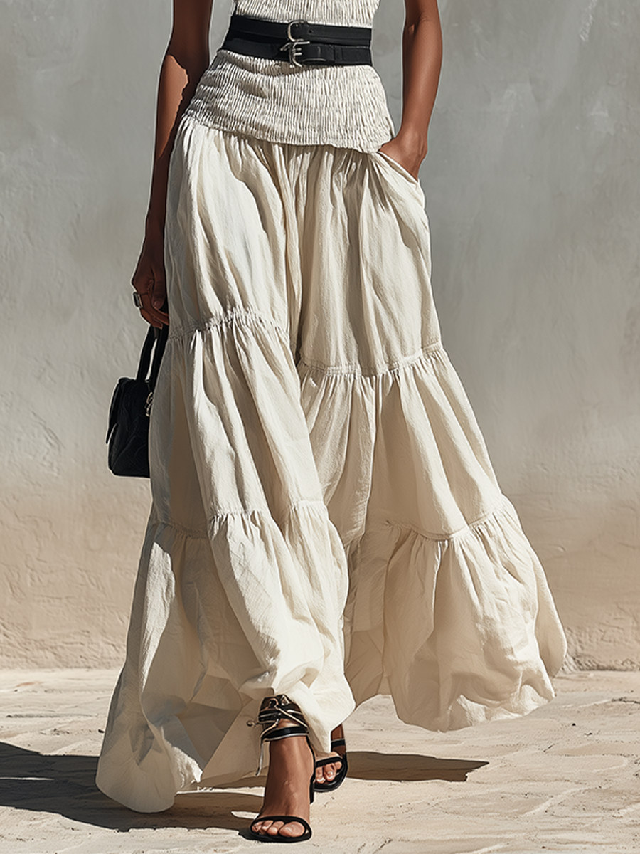 Women's Cream Linen-Blend Two-Piece Set With Smocked Top & Tiered Maxi Skirt, Timeless Boho-Chic Summer Outfit (without Belt) MDZ2526D3LYL