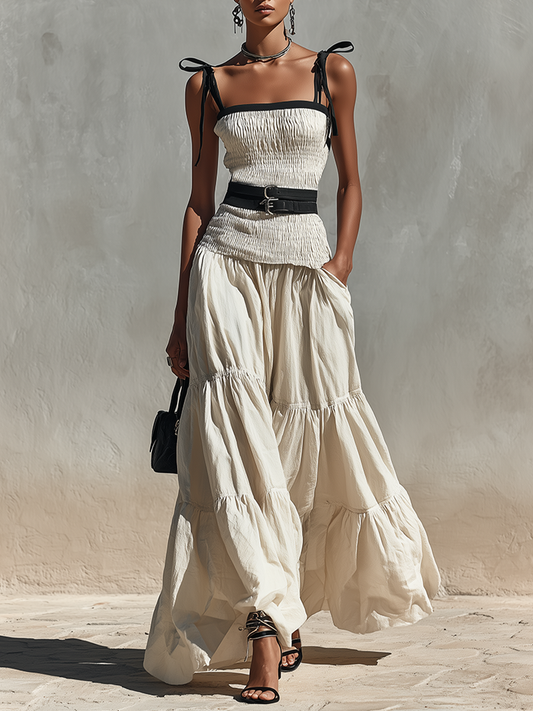 Women's Cream Linen-Blend Two-Piece Set With Smocked Top & Tiered Maxi Skirt, Timeless Boho-Chic Summer Outfit (without Belt) MDZ2526D3LYL