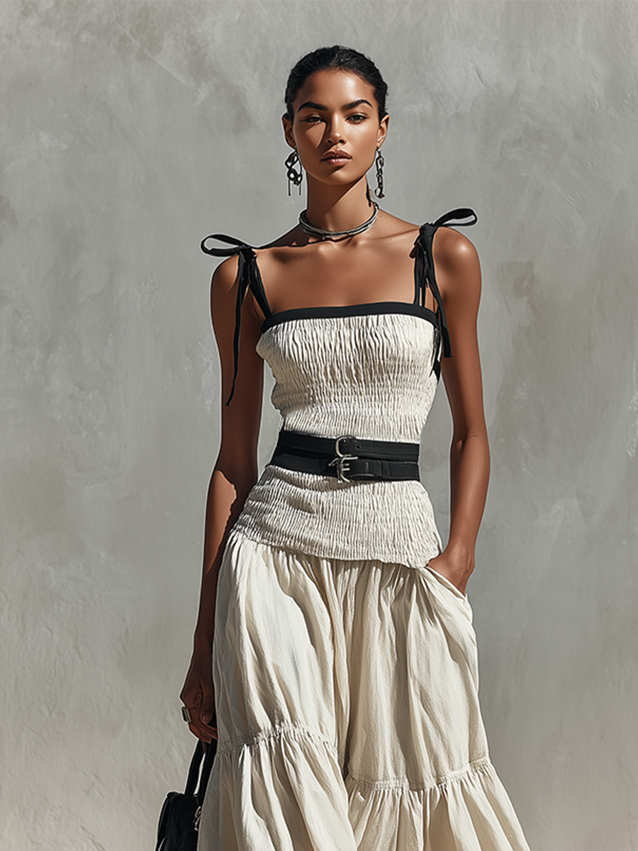 Women's Cream Linen-Blend Two-Piece Set With Smocked Top & Tiered Maxi Skirt, Timeless Boho-Chic Summer Outfit (without Belt) MDZ2526D3LYL