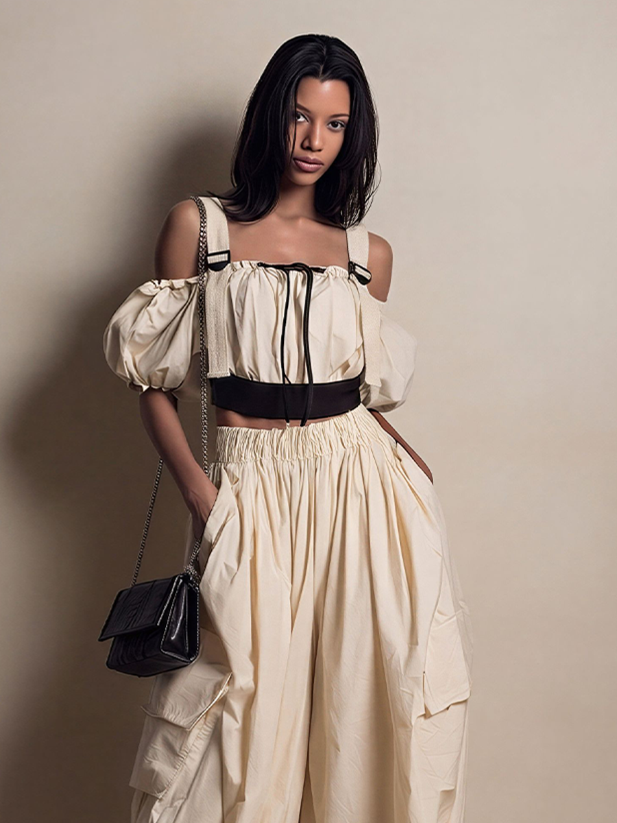 Women's Cream Cotton-Blend Two-Piece Set With Off-Shoulder Crop Top & Cargo Wide-Leg Pants, Timeless Utility-Chic Streetwear Outfit MDZ2528D6LYL