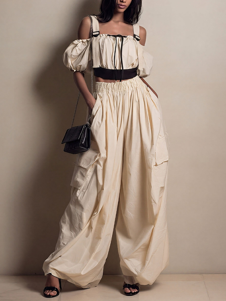 Women's Cream Cotton Off-Shoulder Crop Top With Puff Sleeves & Contrast Black Trim, Timeless Utility-Romantic Blouse MDZ2552D0LYL