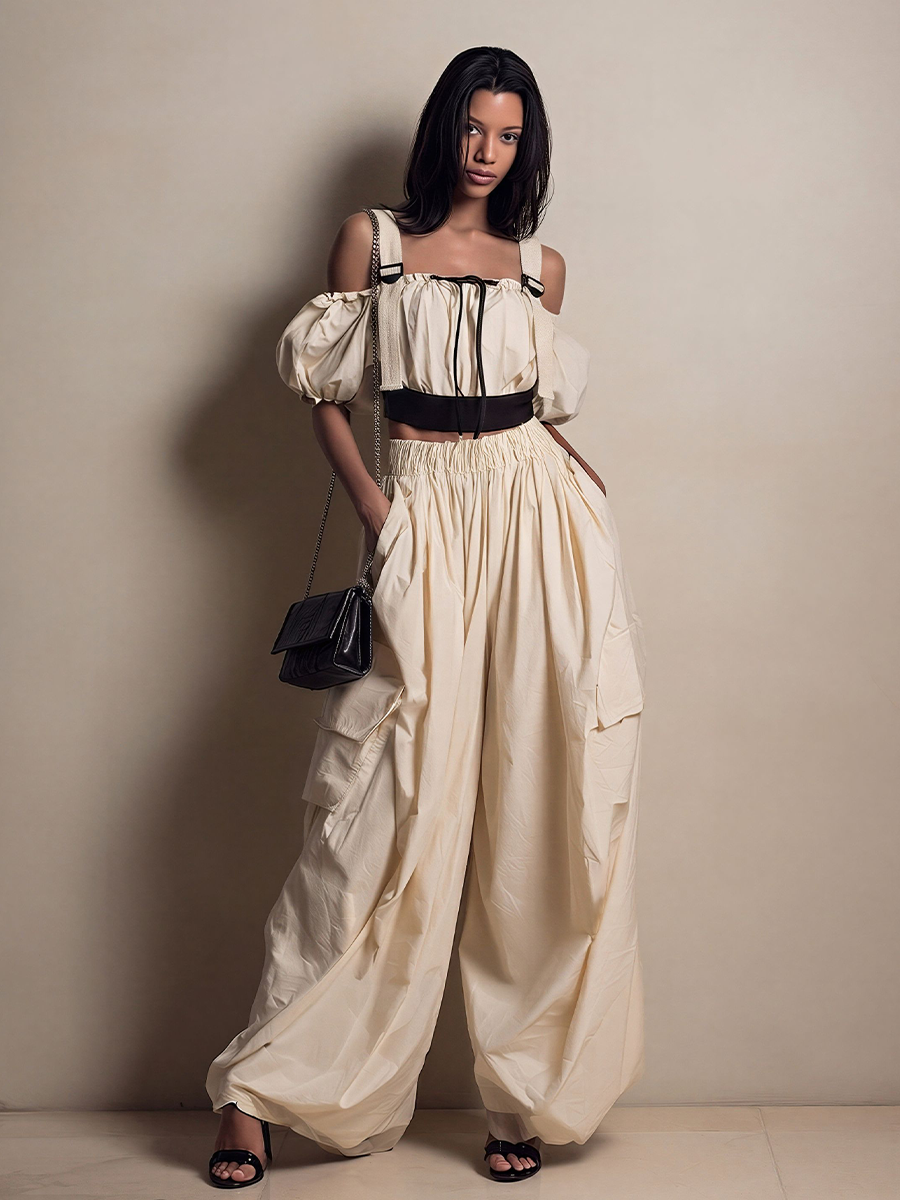 Women's Cream Cotton Off-Shoulder Crop Top With Puff Sleeves & Contrast Black Trim, Timeless Utility-Romantic Blouse MDZ2552D0LYL
