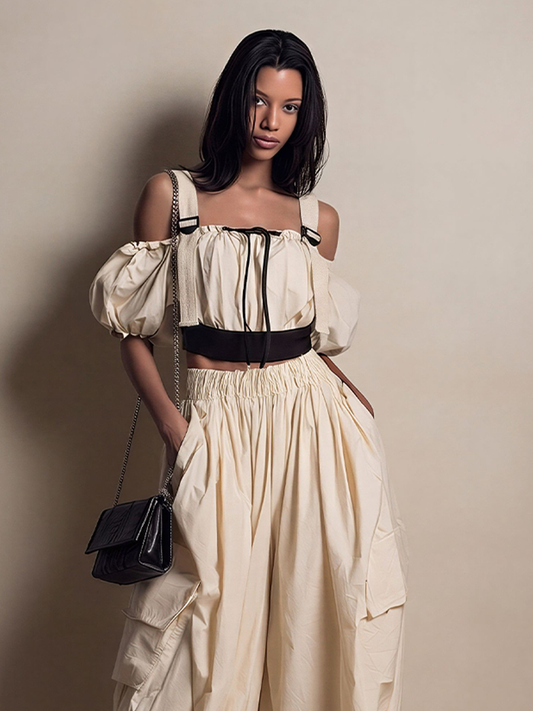 Women's Cream Cotton Off-Shoulder Crop Top With Puff Sleeves & Contrast Black Trim, Timeless Utility-Romantic Blouse MDZ2552D0LYL
