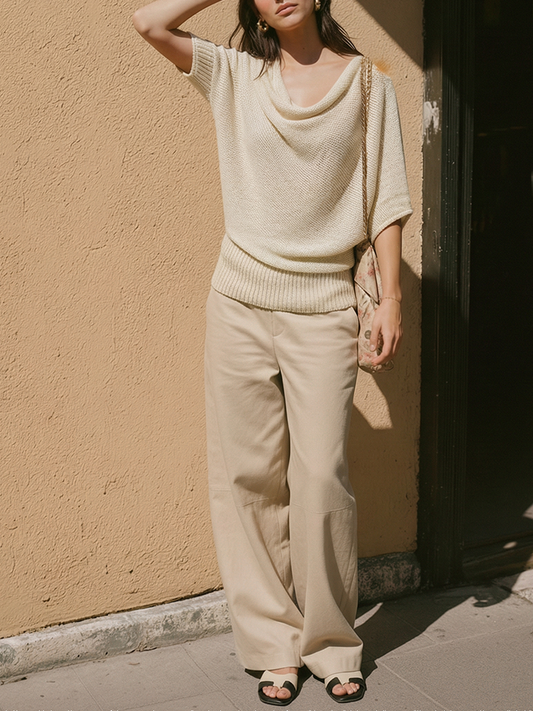 Women's Khaki Wide-Leg Cotton-Blend Trousers With Relaxed Fit, Contemporary Effortless Casual Pants MDZ2584D4LYL