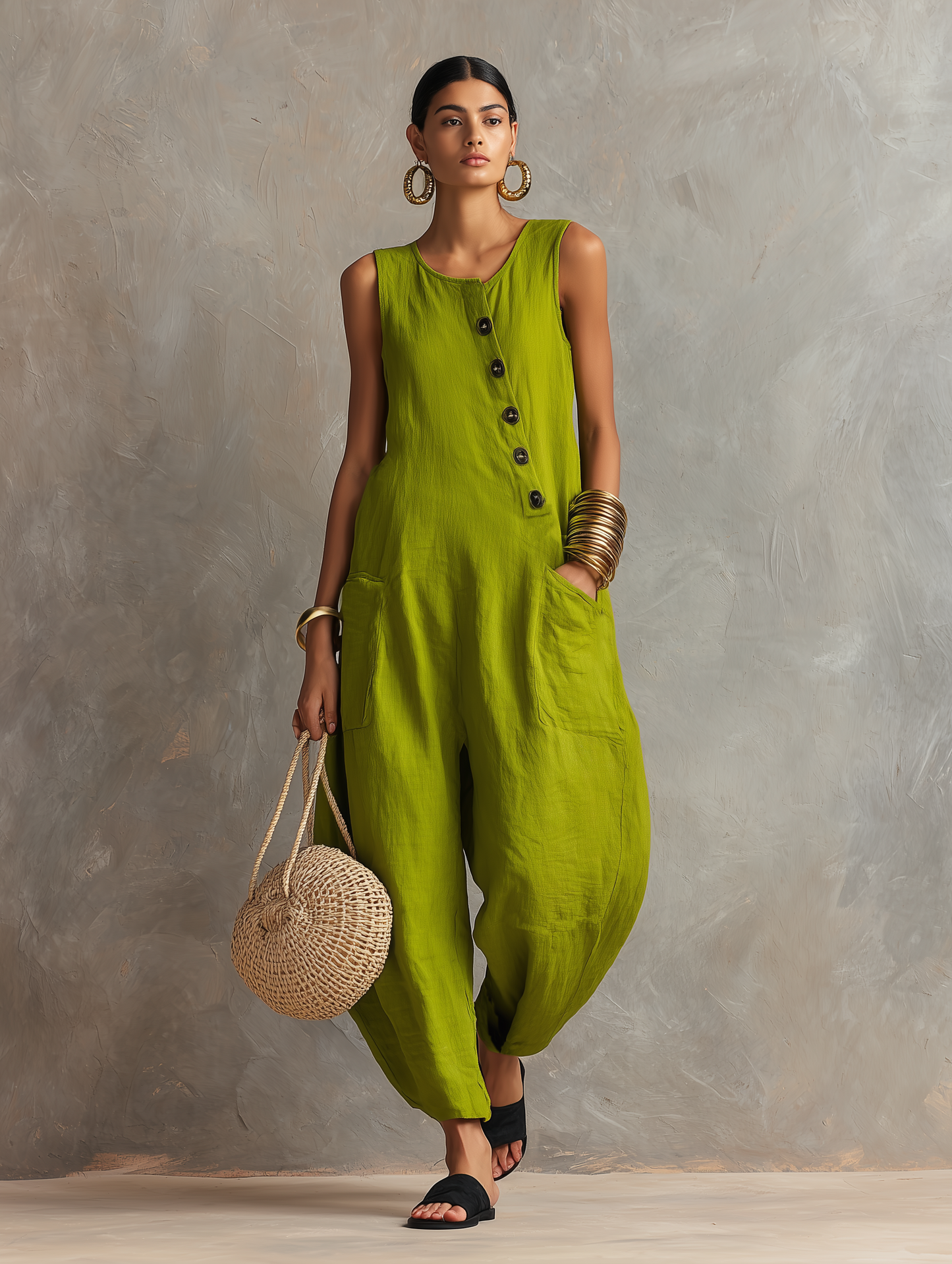 Women's Minimalist Loose-Fit Linen-Blend Sleeveless Jumpsuit With Asymmetrical Buttons MDZ2567D3Y