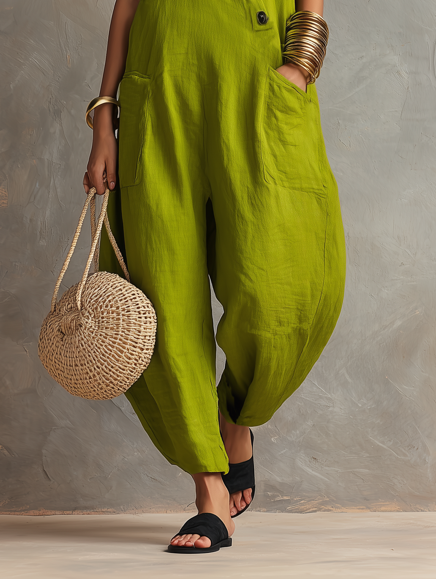 Women's Minimalist Loose-Fit Linen-Blend Sleeveless Jumpsuit With Asymmetrical Buttons MDZ2567D3Y