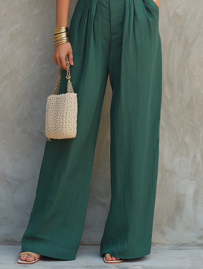Women's Minimalist Blended Set: Sleeveless, Ruffled, Square-Neck Top & Wide-Leg Pants MDZ2555D7Y