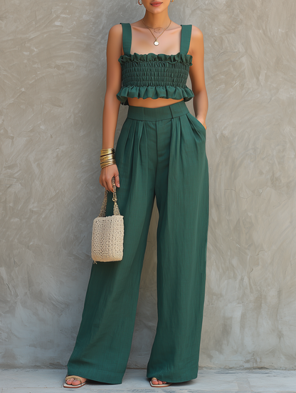 Women's Minimalist Blended Set: Sleeveless, Ruffled, Square-Neck Top & Wide-Leg Pants MDZ2555D7Y
