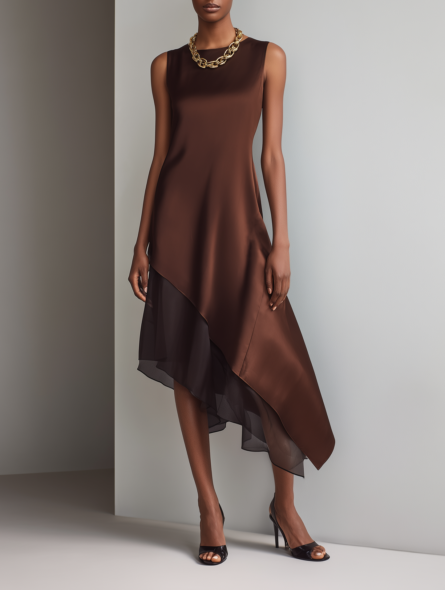 Women's Minimalist Faux Acetate & Chiffon Paneled Midi Dress ¡ª Sleeveless, Crew Neck, Asymmetrical Hem MDZ2580D3Y