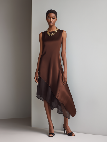 Women's Minimalist Faux Acetate & Chiffon Paneled Midi Dress ¡ª Sleeveless, Crew Neck, Asymmetrical Hem MDZ2580D3Y