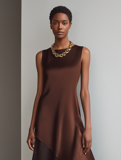 Women's Minimalist Faux Acetate & Chiffon Paneled Midi Dress ¡ª Sleeveless, Crew Neck, Asymmetrical Hem MDZ2580D3Y