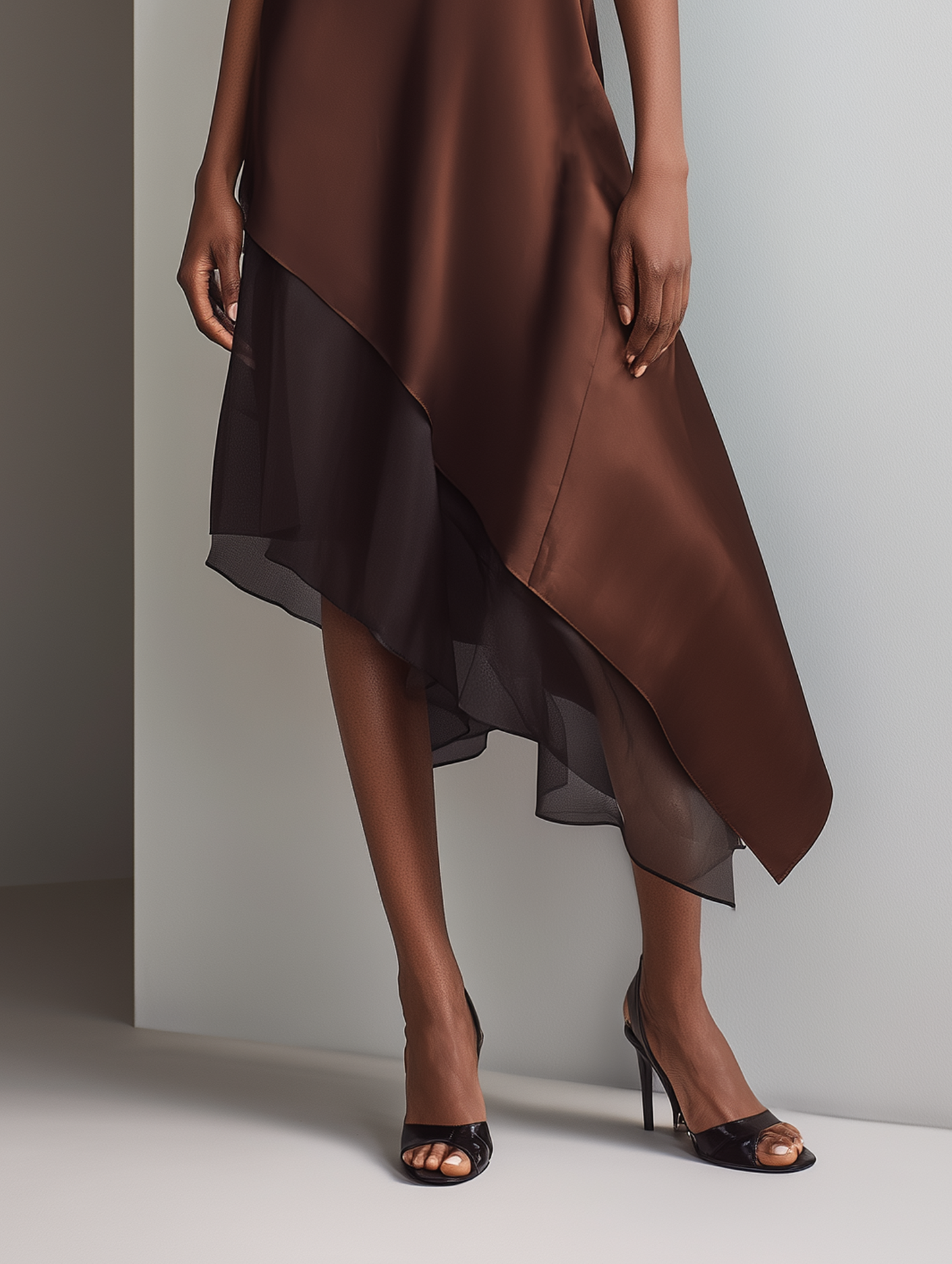 Women's Minimalist Faux Acetate & Chiffon Paneled Midi Dress ¡ª Sleeveless, Crew Neck, Asymmetrical Hem MDZ2580D3Y