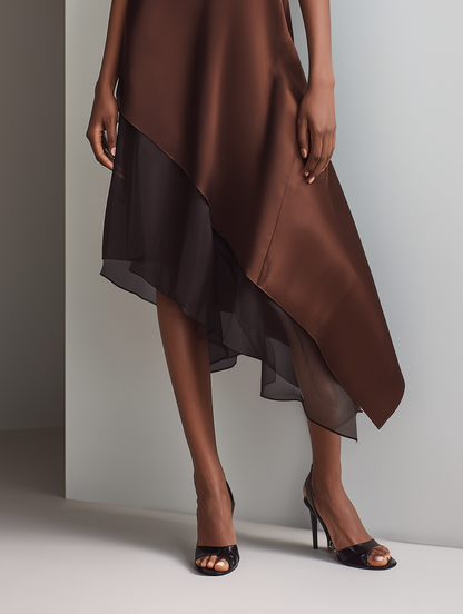 Women's Minimalist Faux Acetate & Chiffon Paneled Midi Dress ¡ª Sleeveless, Crew Neck, Asymmetrical Hem MDZ2580D3Y