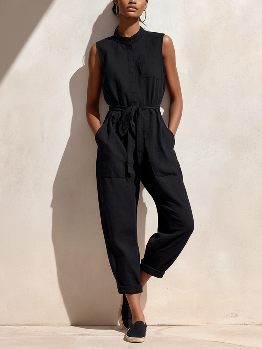 Women's Minimalist Retro Commuter Style Black Cotton-Linen Jumpsuit ¡ª Stand Collar, Sleeveless, Cropped Pants MDZ2528D9ZJW
