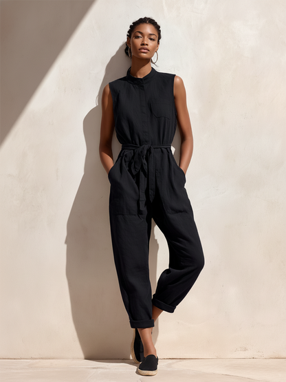 Women's Minimalist Retro Commuter Style Black Cotton-Linen Jumpsuit ¡ª Stand Collar, Sleeveless, Cropped Pants MDZ2528D9ZJW