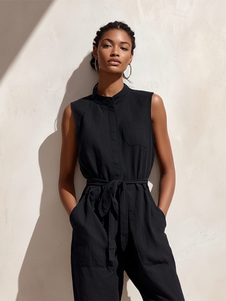 Women's Minimalist Retro Commuter Style Black Cotton-Linen Jumpsuit ¡ª Stand Collar, Sleeveless, Cropped Pants MDZ2528D9ZJW
