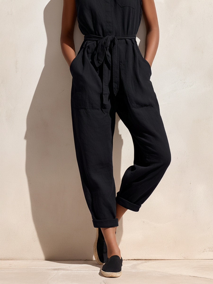 Women's Minimalist Retro Commuter Style Black Cotton-Linen Jumpsuit ¡ª Stand Collar, Sleeveless, Cropped Pants MDZ2528D9ZJW