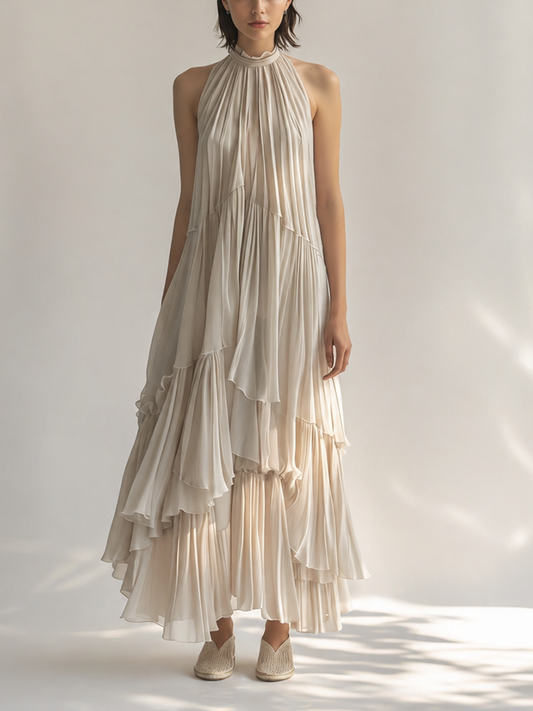 Women's Elegant & Minimalist Off-White Sleeveless Chiffon Maxi Dress ¡ª Ruffled Collar & Tiered Pleats MDZ2515D1ZJW