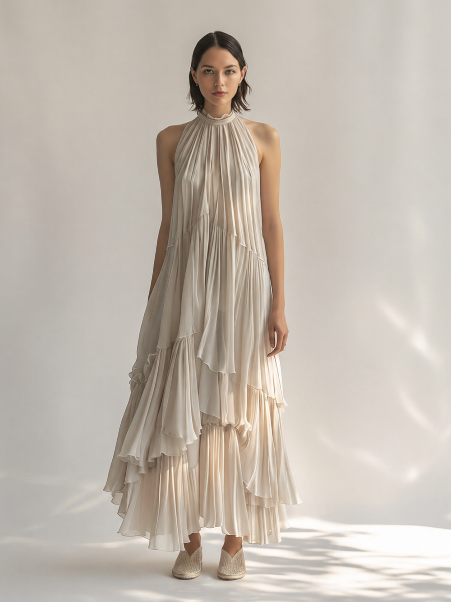 Women's Elegant & Minimalist Off-White Sleeveless Chiffon Maxi Dress ¡ª Ruffled Collar & Tiered Pleats MDZ2515D1ZJW
