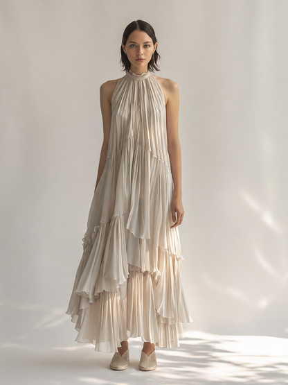 Women's Elegant & Minimalist Off-White Sleeveless Chiffon Maxi Dress ¡ª Ruffled Collar & Tiered Pleats MDZ2515D1ZJW