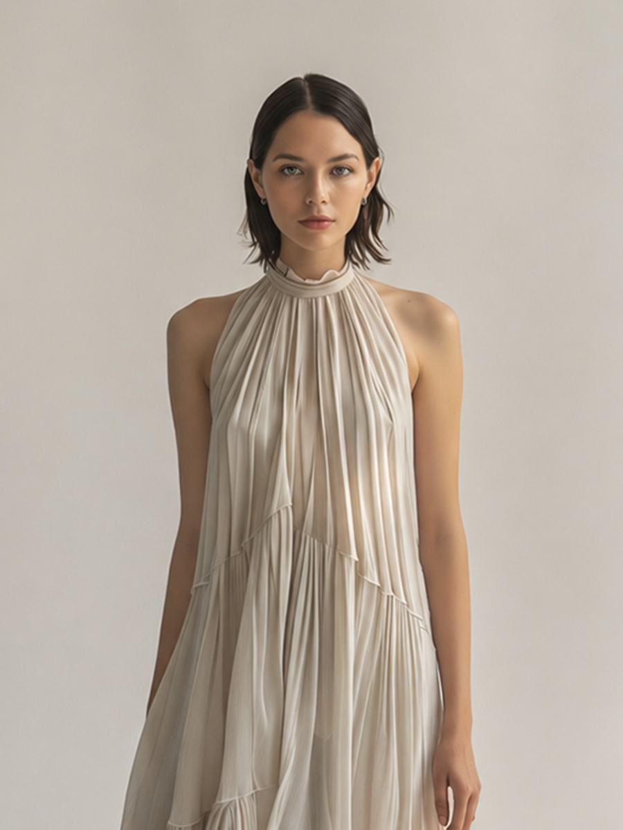 Women's Elegant & Minimalist Off-White Sleeveless Chiffon Maxi Dress ¡ª Ruffled Collar & Tiered Pleats MDZ2515D1ZJW