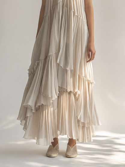 Women's Elegant & Minimalist Off-White Sleeveless Chiffon Maxi Dress ¡ª Ruffled Collar & Tiered Pleats MDZ2515D1ZJW