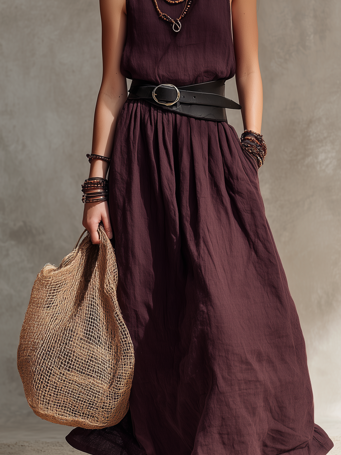 Women's Casual Magenta Cotton-Linen Sleeveless Maxi Dress With Round Neck (Belt Not Included) MDZ2527D4LXY