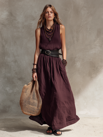 Women's Casual Magenta Cotton-Linen Sleeveless Maxi Dress With Round Neck (Belt Not Included) MDZ2527D4LXY