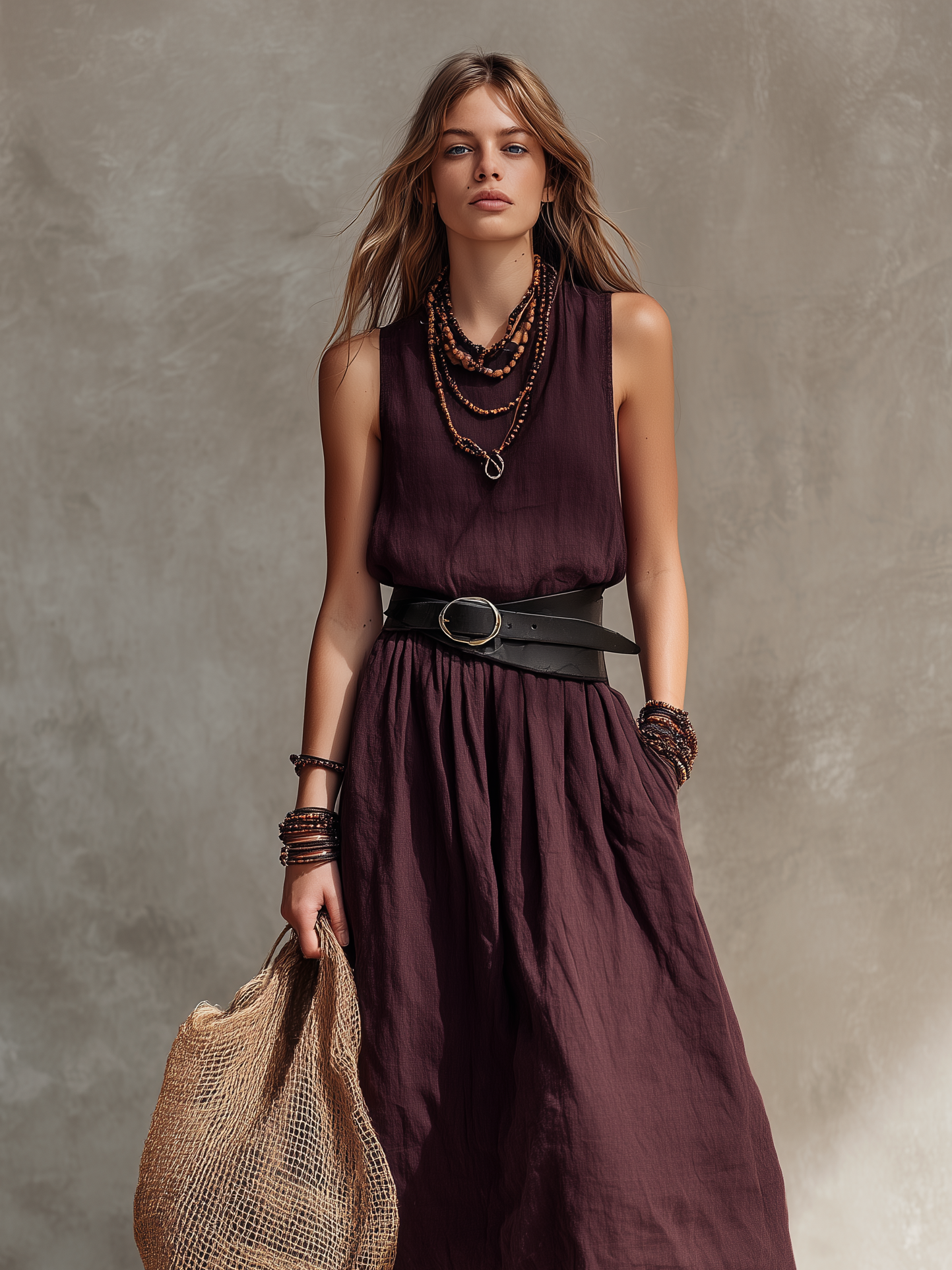 Women's Casual Magenta Cotton-Linen Sleeveless Maxi Dress With Round Neck (Belt Not Included) MDZ2527D4LXY