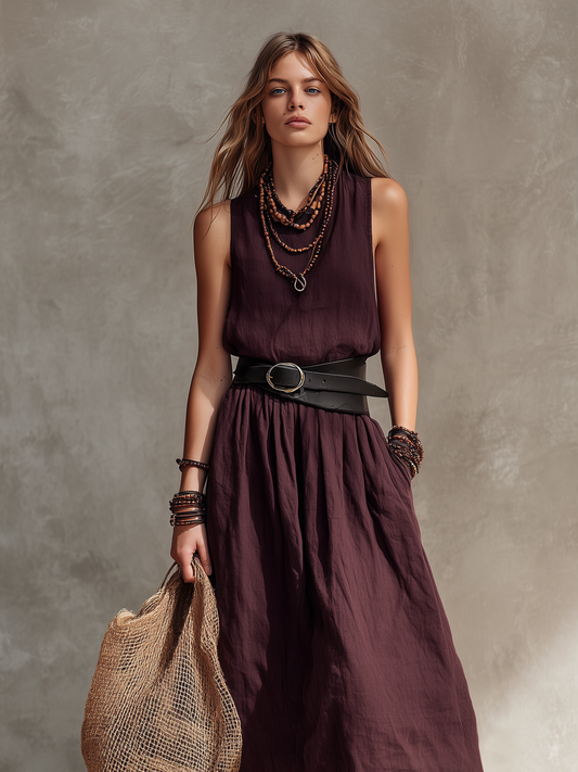 Women's Casual Magenta Cotton-Linen Sleeveless Maxi Dress With Round Neck (Belt Not Included) MDZ2527D4LXY