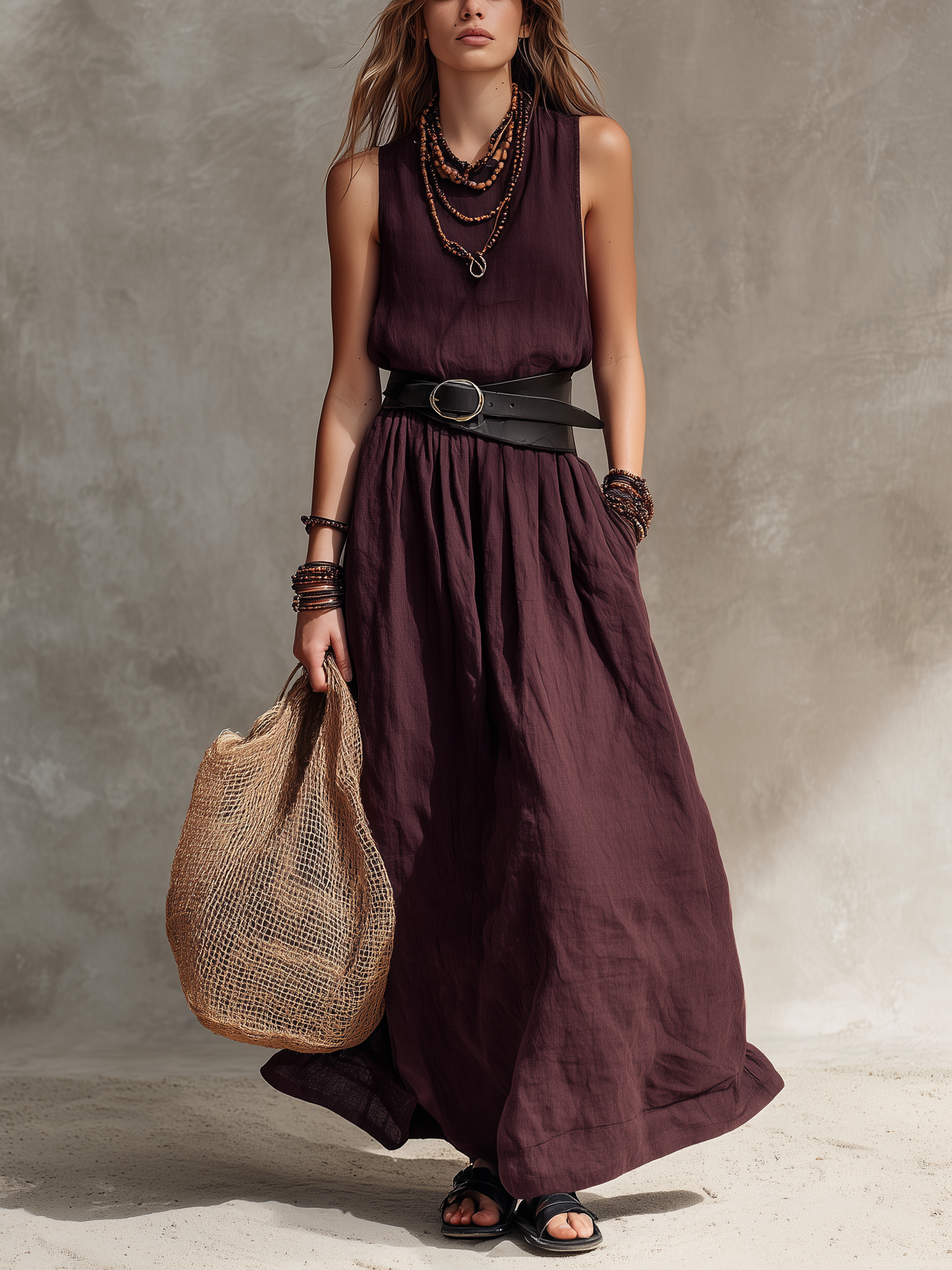 Women's Casual Magenta Cotton-Linen Sleeveless Maxi Dress With Round Neck (Belt Not Included) MDZ2527D4LXY