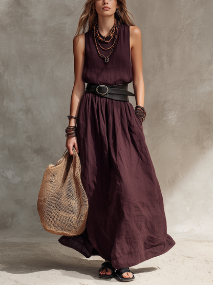 Women's Casual Magenta Cotton-Linen Sleeveless Maxi Dress With Round Neck (Belt Not Included) MDZ2527D4LXY