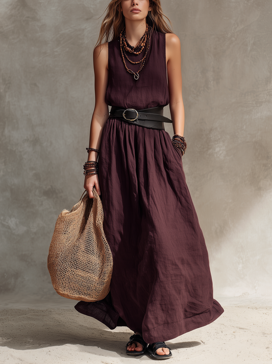 Women's Casual Magenta Cotton-Linen Sleeveless Maxi Dress With Round Neck (Belt Not Included) MDZ2527D4LXY