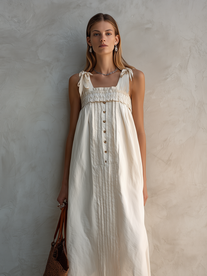Women's Casual White Cotton-Linen Square-Neck Sleeveless Straight-Cut Midi Dress MDZ2567D5LXY