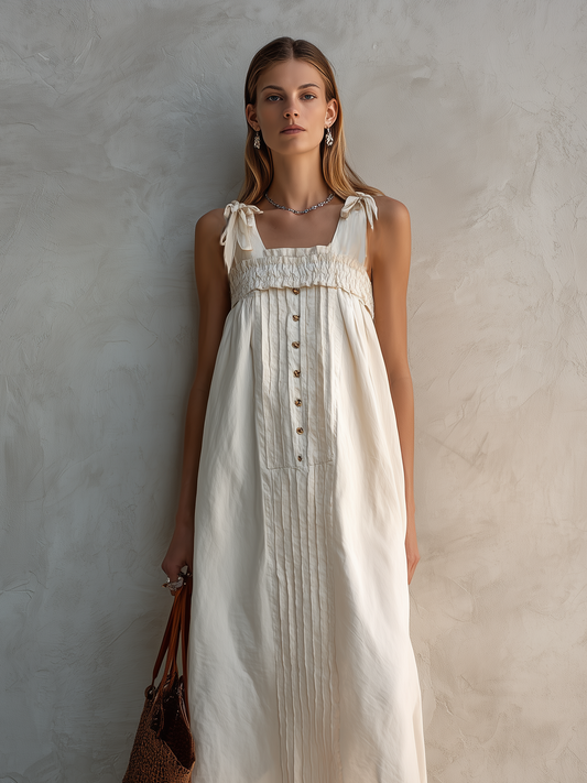 Women's Casual White Cotton-Linen Square-Neck Sleeveless Straight-Cut Midi Dress MDZ2567D5LXY