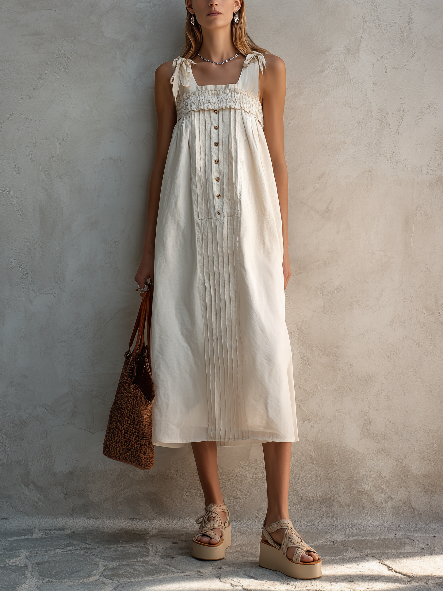 Women's Casual White Cotton-Linen Square-Neck Sleeveless Straight-Cut Midi Dress MDZ2567D5LXY