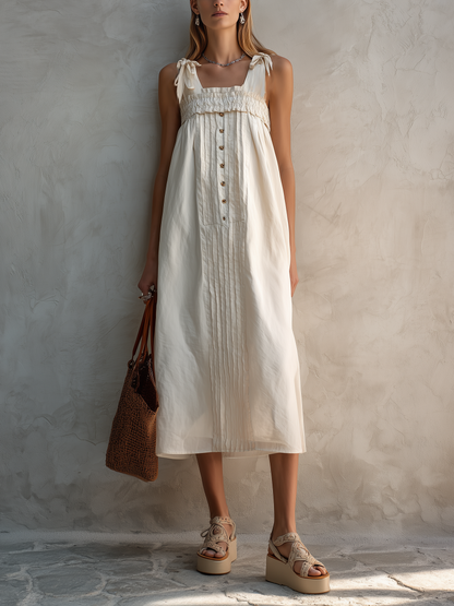 Women's Casual White Cotton-Linen Square-Neck Sleeveless Straight-Cut Midi Dress MDZ2567D5LXY