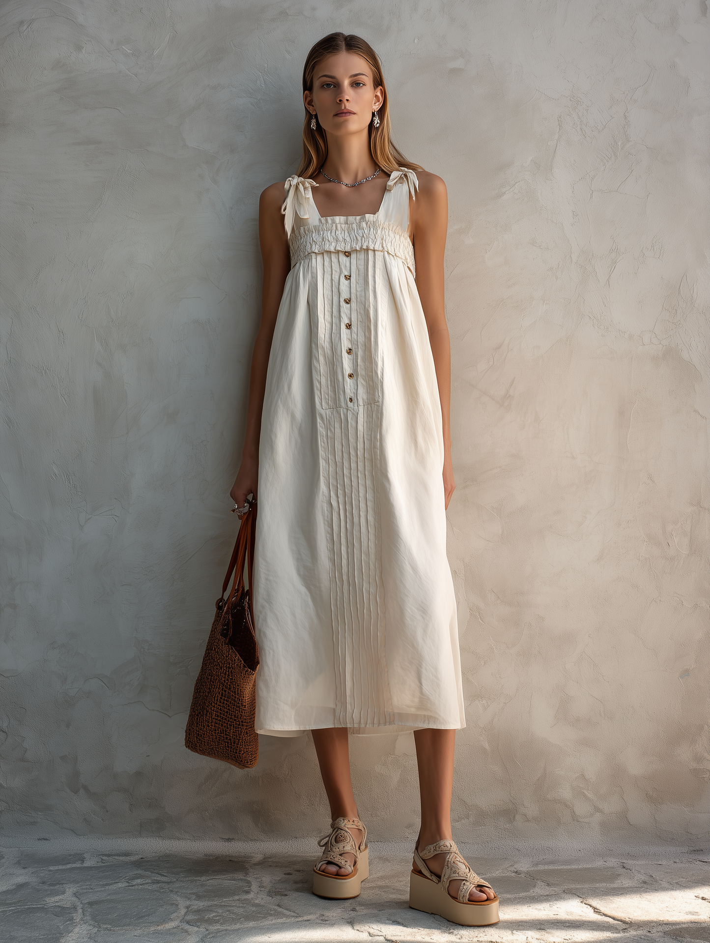 Women's Casual White Cotton-Linen Square-Neck Sleeveless Straight-Cut Midi Dress MDZ2567D5LXY