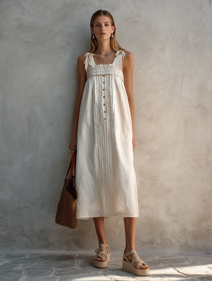 Women's Casual White Cotton-Linen Square-Neck Sleeveless Straight-Cut Midi Dress MDZ2567D5LXY