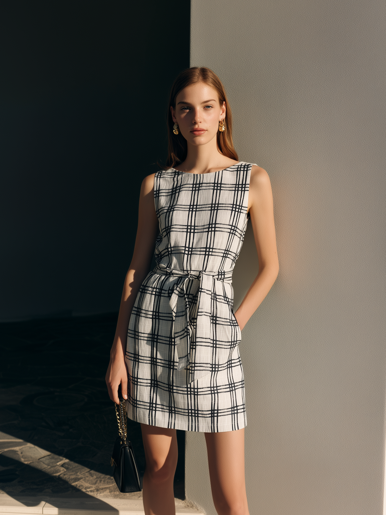Women's Elegant Black & White Plaid Cotton-Linen Short Dress ¡ª Crew Neck, Sleeveless, Loose Fit MDZ2741D6LXY