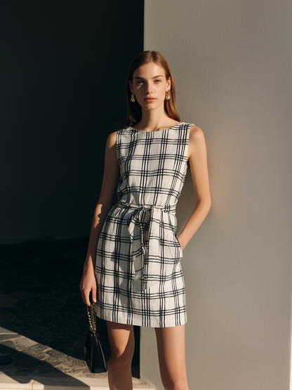 Women's Elegant Black & White Plaid Cotton-Linen Short Dress ¡ª Crew Neck, Sleeveless, Loose Fit MDZ2741D6LXY