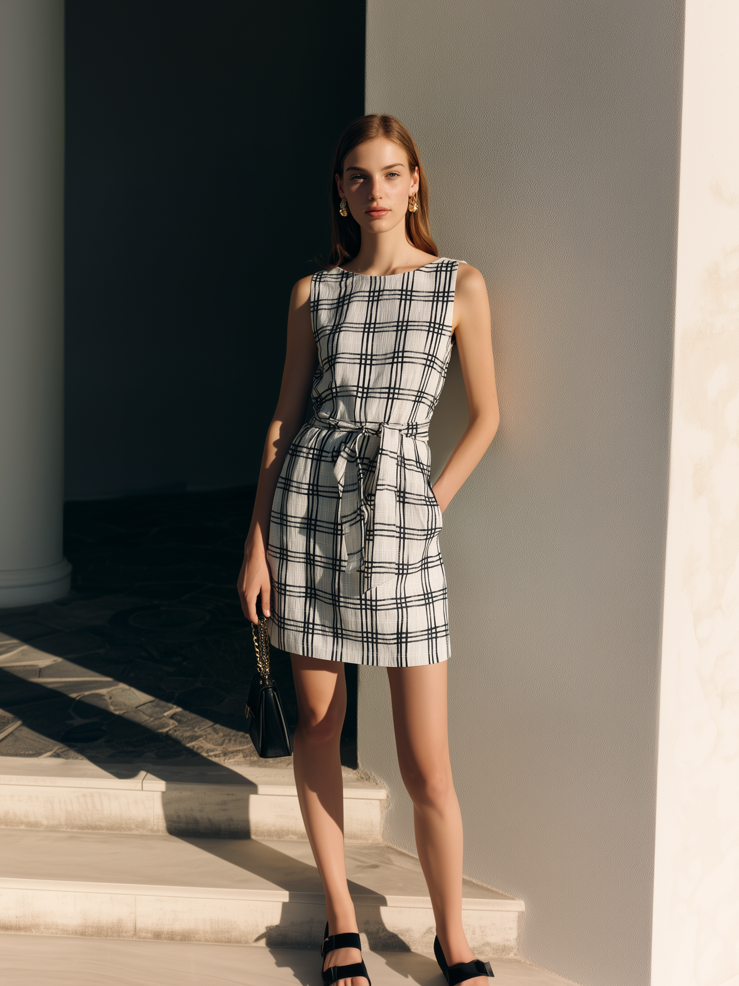 Women's Elegant Black & White Plaid Cotton-Linen Short Dress ¡ª Crew Neck, Sleeveless, Loose Fit MDZ2741D6LXY