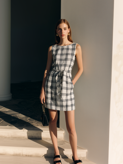 Women's Elegant Black & White Plaid Cotton-Linen Short Dress ¡ª Crew Neck, Sleeveless, Loose Fit MDZ2741D6LXY