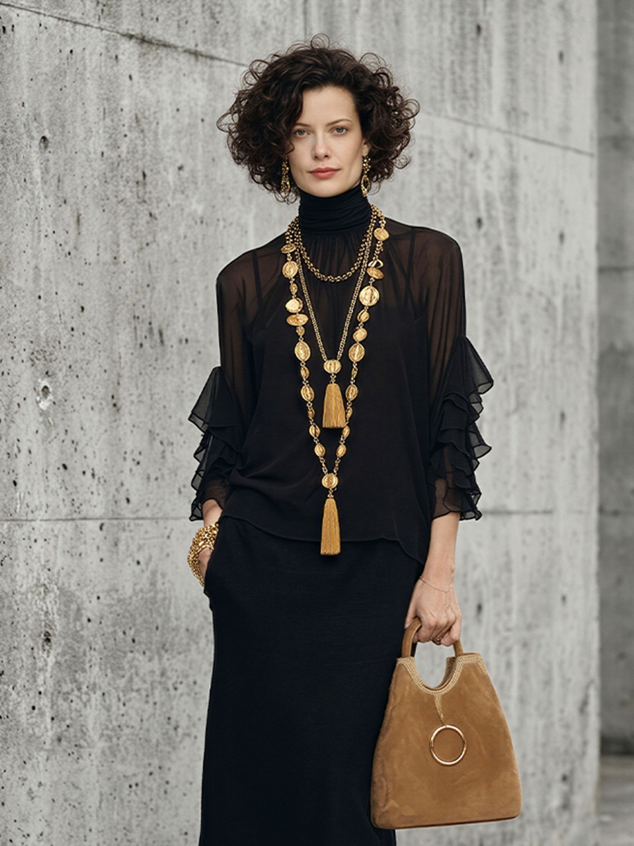 Women's All-Black Layered Chiffon & Cotton-Blend Set With Ruffle Details, Contemporary Sophisticated Casual Outfit MDZ2771D7LYL