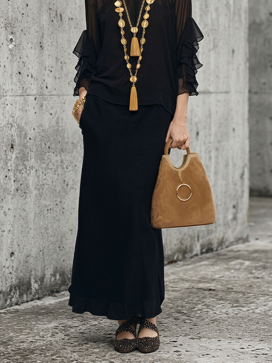 Women's All-Black Layered Chiffon & Cotton-Blend Set With Ruffle Details, Contemporary Sophisticated Casual Outfit MDZ2771D7LYL
