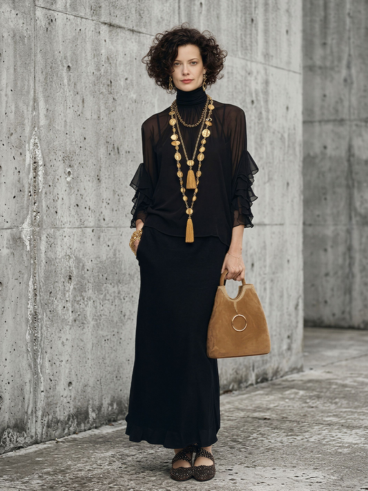Women's All-Black Layered Chiffon & Cotton-Blend Set With Ruffle Details, Contemporary Sophisticated Casual Outfit MDZ2771D7LYL