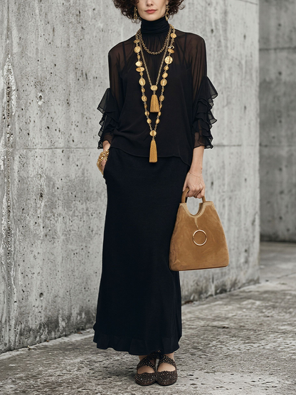 Women's All-Black Layered Chiffon & Cotton-Blend Set With Ruffle Details, Contemporary Sophisticated Casual Outfit MDZ2771D7LYL